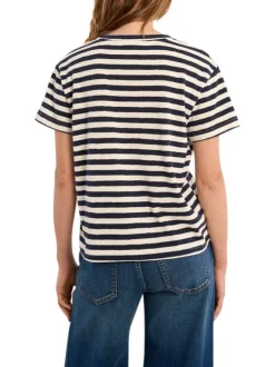 T-shirt en coton mélangé marine à rayures pourvu d'un col v