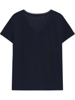 T-shirt en coton mélangé marine uni avec une coupe droite et un col v