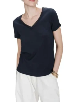 T-shirt en coton mélangé marine uni avec une coupe droite et un col v