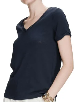 T-shirt en coton mélangé marine uni avec une coupe droite et un col v