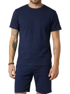 T-shirt en coton mélangé marine uni pourvu de manches courtes