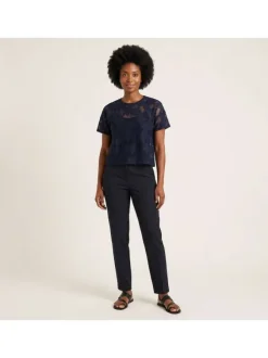 T-shirt en coton mélangé marine uni pourvu d'une coupe droite