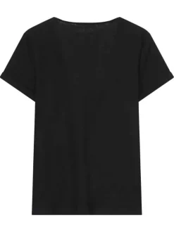 T-shirt en coton mélangé noir brillant avec une coupe droite et un col v