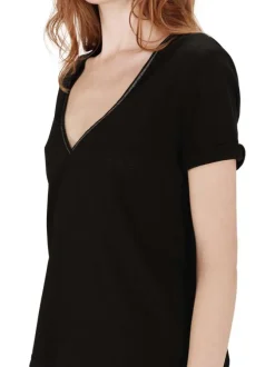 T-shirt en coton mélangé noir brillant avec une coupe droite et un col v