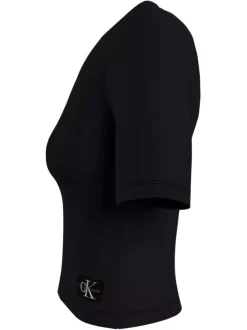 T-shirt en coton mélangé noir uni avec une coupe cropped et un col v