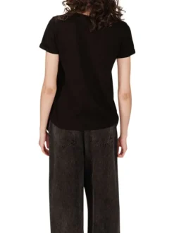 T-shirt en coton mélangé noir uni avec une coupe droite et un col v