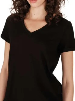 T-shirt en coton mélangé noir uni avec une coupe droite et un col v
