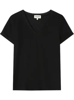 T-shirt en coton mélangé noir uni avec une coupe droite et un col v