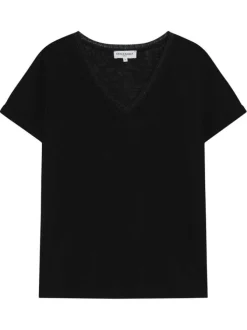 T-shirt en coton mélangé noir uni avec une coupe droite et un col v