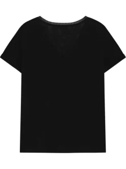 T-shirt en coton mélangé noir uni avec une coupe droite et un col v