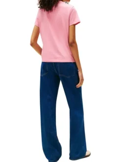 T-shirt en coton mélangé rose uni avec un col rond et un logo