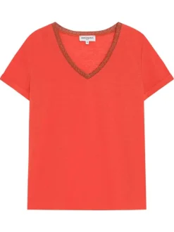 T-shirt en coton mélangé rouge uni avec une coupe droite et un col v