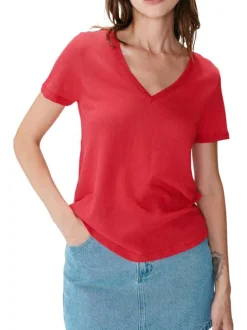 T-shirt en coton mélangé rouge uni pourvu de manches courtes