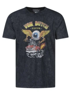 T-shirt en coton noir aspect vintage et imprimé à l'avant avec un col rond