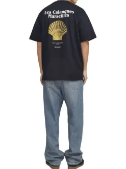 T-shirt en coton noir avec Coquille St Jacques imprimée au dos et col rond