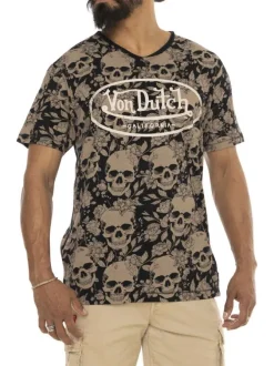 T-shirt en coton noir avec des imprimés un col v et une coupe droite