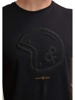 T-shirt en coton noir avec un col rond et logo de la marque en relief noir