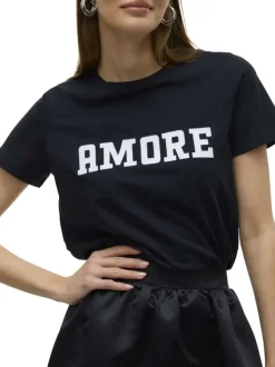 T-shirt en coton noir avec une écriture imprimée à la poitrine et un col rond