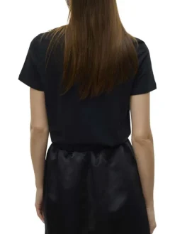 T-shirt en coton noir avec une écriture imprimée à la poitrine et un col rond