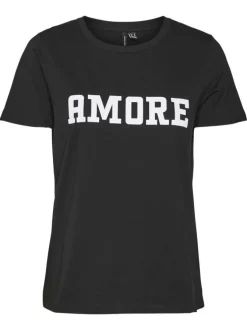 T-shirt en coton noir avec une écriture imprimée à la poitrine et un col rond