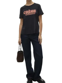 T-shirt en coton noir avec une écriture à la poitrine et une coupe droite