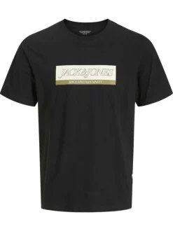 T-shirt en coton noir avec un logo beige imprimé et un col rond