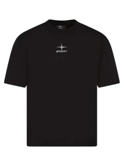 T-shirt en coton noir avec un logo brodé à col rond et à manches courtes