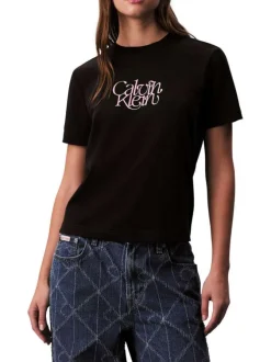 T-shirt en coton noir à coupe droite avec un col rond et imprimé logo