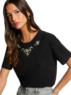 T-shirt en coton noir à coupe droite pourvu d'un col rond et de manches courtes