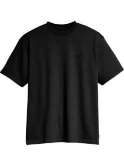 T-shirt en coton noir à coupe droite pourvu d'un col rond finement côtelé