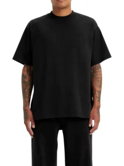 T-shirt en coton noir à coupe droite pourvu d'un col rond finement côtelé