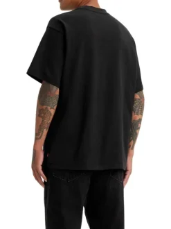 T-shirt en coton noir à coupe droite pourvu d'un col rond finement côtelé