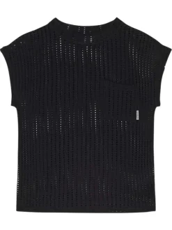 T-shirt en coton noir en maille ajourée avec un col rond et une coupe droite