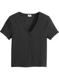 T-shirt en coton noir en maille côtelée pourvu d'une fermeture boutonnée