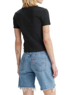 T-shirt en coton noir en maille côtelée pourvu d'une fermeture boutonnée