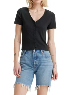 T-shirt en coton noir en maille côtelée pourvu d'une fermeture boutonnée