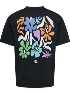 T-shirt en coton noir fleuri au dos avec une coupe droite et un col rond