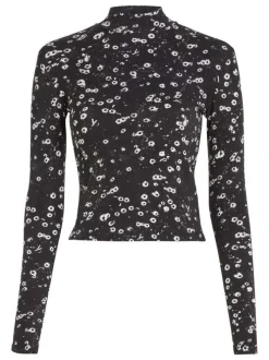 T-shirt en coton noir fleuri avec une coupe près du corps et un col montant