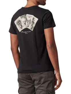 T-shirt en coton noir imprimé au dos à col rond et à coupe droite