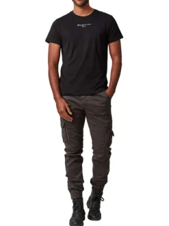 T-shirt en coton noir imprimé au dos à col rond et à coupe droite