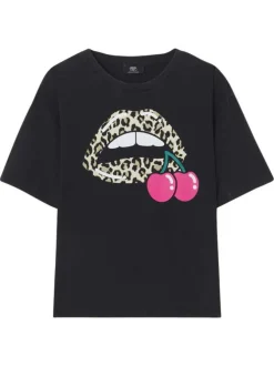 T-shirt en coton noir imprimé avec une coupe droite à col rond