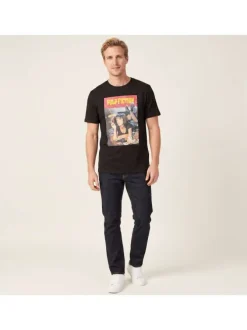 T-shirt en coton noir imprimé avec une coupe droite et un col rond