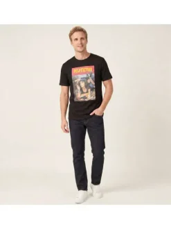 T-shirt en coton noir imprimé avec une coupe droite et un col rond