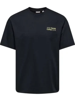 T-shirt en coton noir à imprimé café au dos avec un col rond