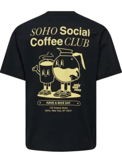 T-shirt en coton noir à imprimé café au dos avec un col rond