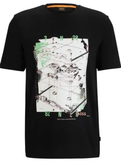 T-shirt en coton noir imprimé cassette avec une coupe droite et un col rond