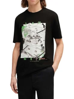 T-shirt en coton noir imprimé cassette avec une coupe droite et un col rond