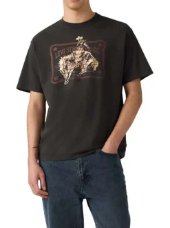 T-shirt en coton noir imprimé à coupe droite pourvu d'un col rond
