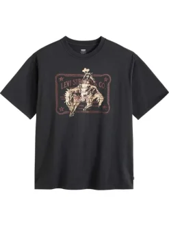 T-shirt en coton noir imprimé à coupe droite pourvu d'un col rond
