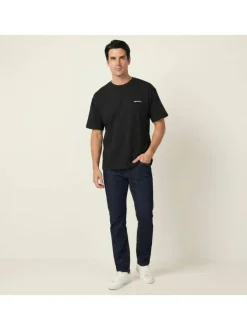 T-shirt en coton noir imprimé à coupe droite pourvu d'un col rond